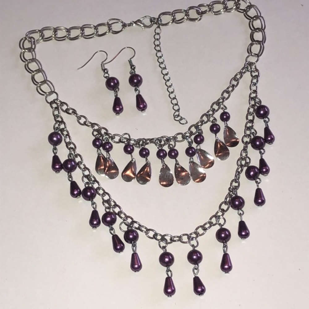 Elegant Purple and Silver Tone Beaded Boho Necklace Set